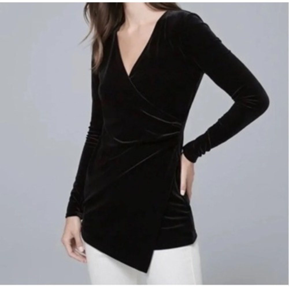 White House Black Market Faux Wrap Velvet Tunic Top Women Large Long Sleeve